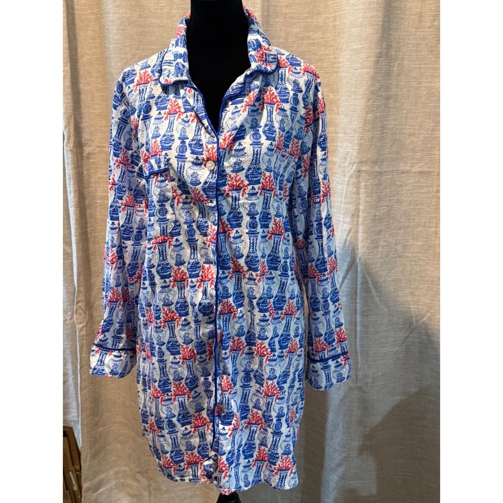Jaye's Studio Blue Red Ginger Jar Coral Cotton Sateen Nightshirt Sleepwear L